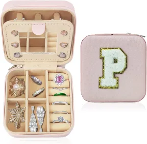 Travel Jewelry Case Organizer, Gifts for Women Teen Girls Initial Jewelry box with Mirror Vacation Beach Essentials Ring Necklace Earring Organizer Box (P)