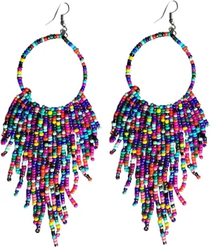 Tribal Dangle Fringe Tassel Bead & Hoop Earrings Native American Style by BOGZON (Multi Color)