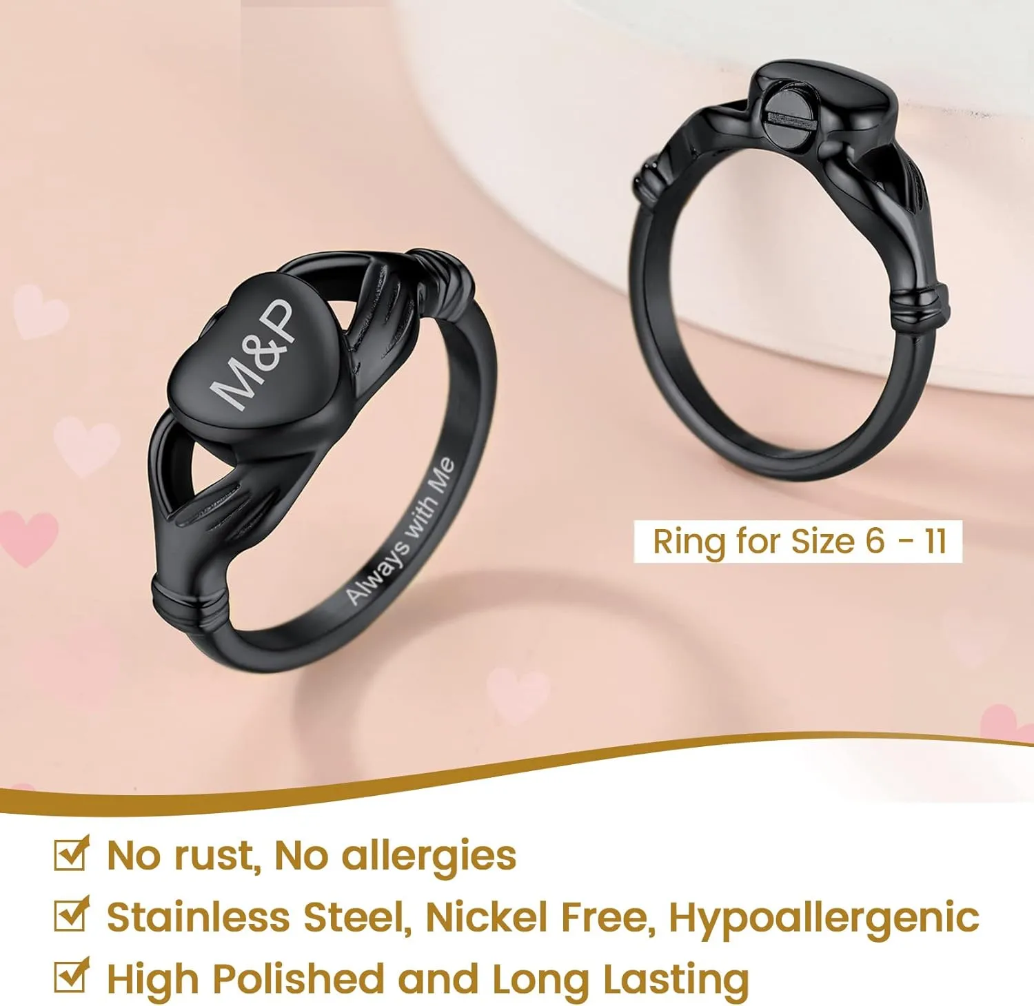 Urn Rings for Ashes for Women, Personalized Stainless Steel Cremation Ring with Ashes for Funeral Keepsake Gift Memorial Jewelry