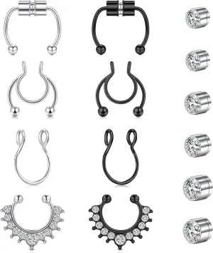 VCMART Fake Nose Rings & Septum Rings - Clip On, Non-Piercing Faux Silver & Black
