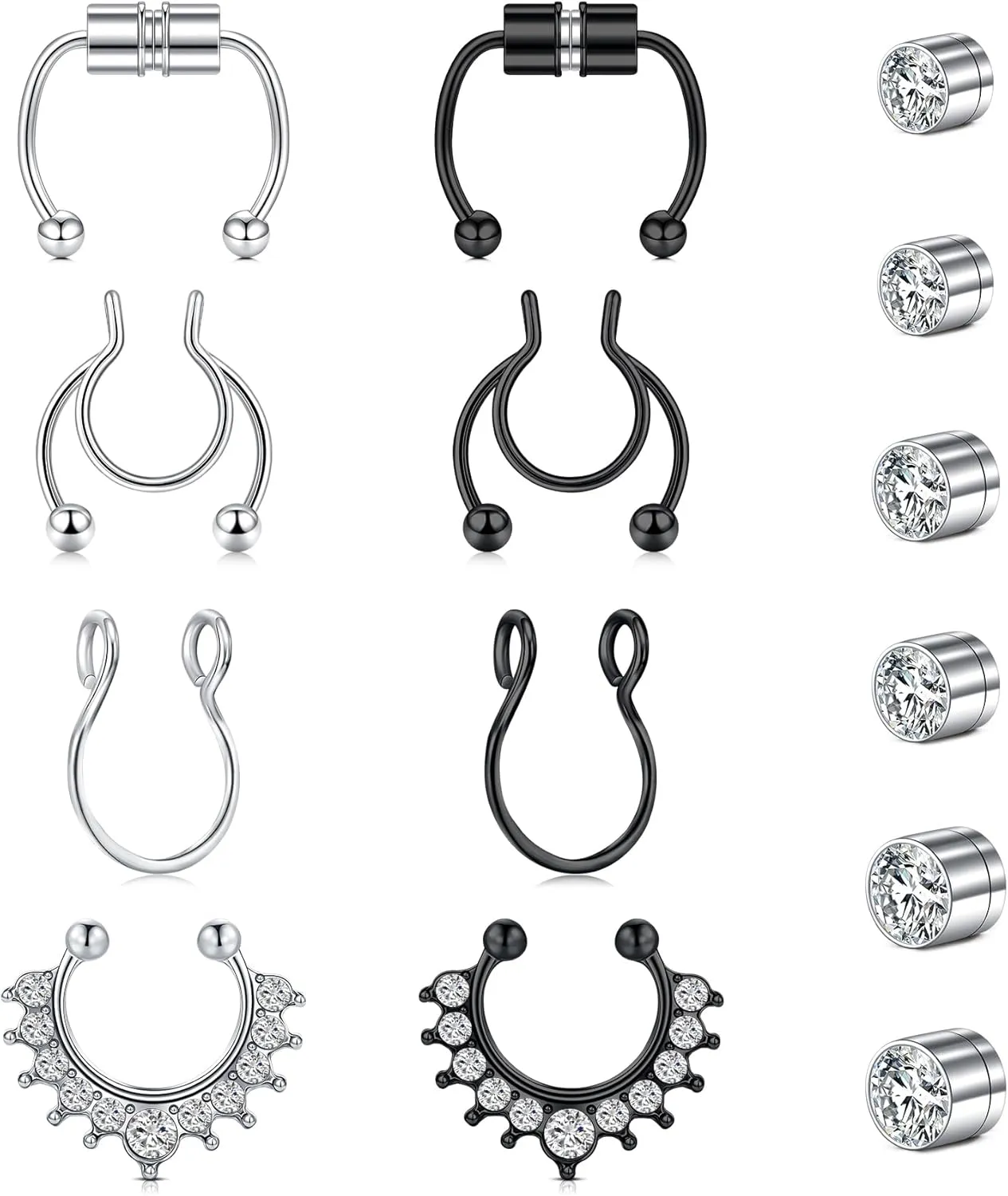 VCMART Fake Nose Rings & Septum Rings - Clip On, Non-Piercing Faux Silver & Black