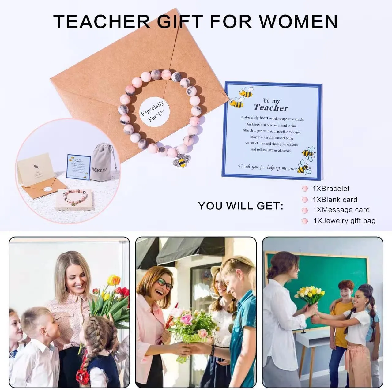 VICKHU Teacher appreciation gifts,Natural Stone teacher Bracelet gifts for women,thank you gifts for teacher meaningful gifts for women with gift message card