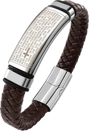 Viking Leather Braided Bracelets for Men, Stainless Steel Retro Thor's Hammer/Amulet Norse Mythology Valknut/Motivational Inspirational Bible Verse Leather Rope Bracelet, Send Gift Box