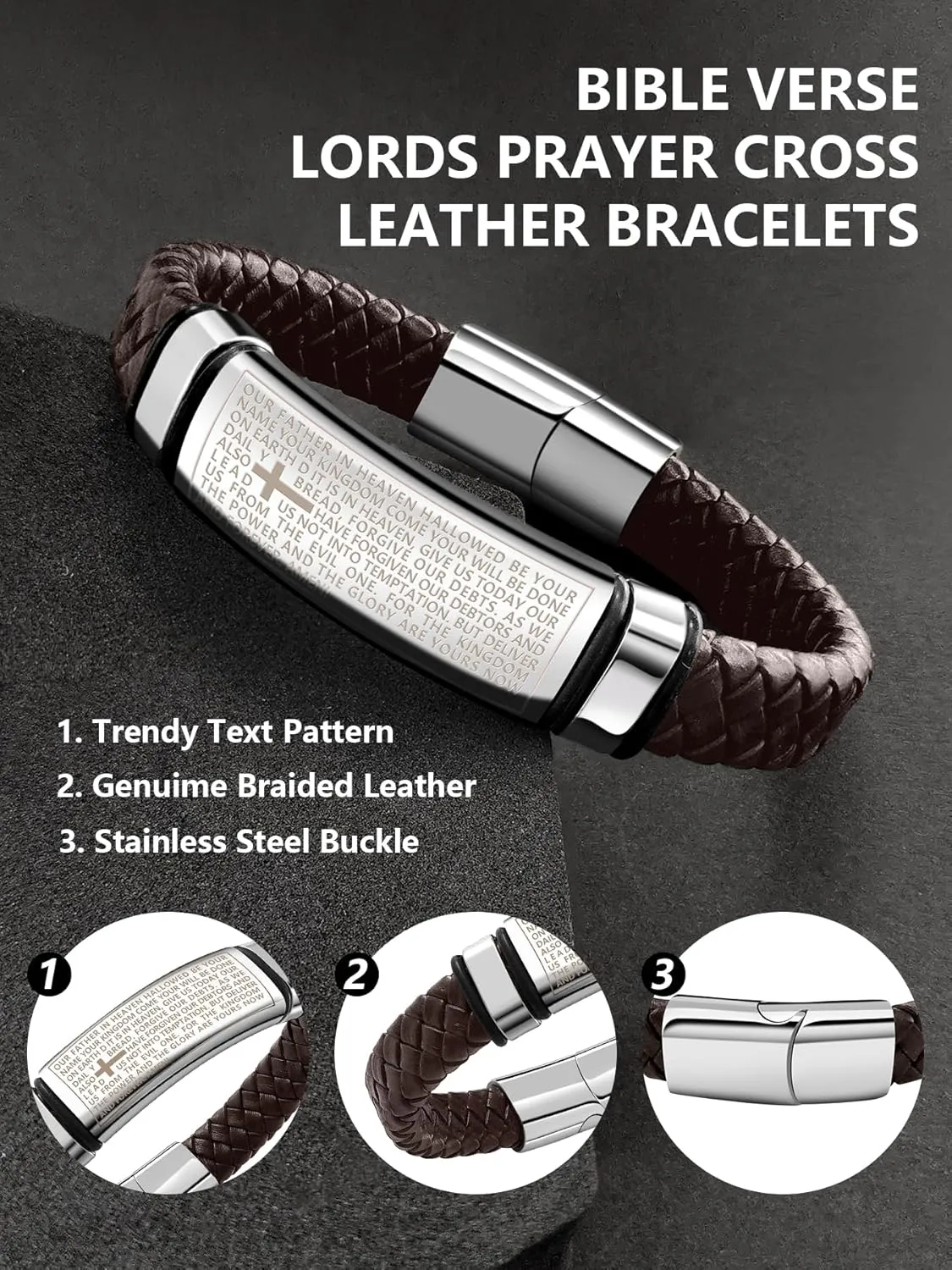 Viking Leather Braided Bracelets for Men, Stainless Steel Retro Thor's Hammer/Amulet Norse Mythology Valknut/Motivational Inspirational Bible Verse Leather Rope Bracelet, Send Gift Box