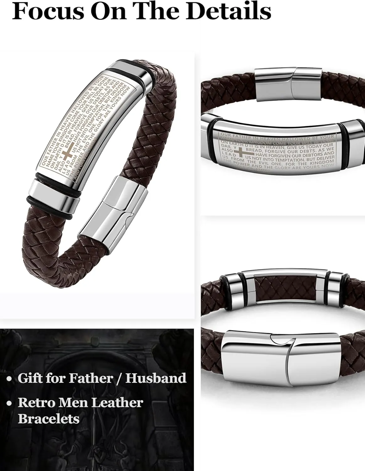 Viking Leather Braided Bracelets for Men, Stainless Steel Retro Thor's Hammer/Amulet Norse Mythology Valknut/Motivational Inspirational Bible Verse Leather Rope Bracelet, Send Gift Box
