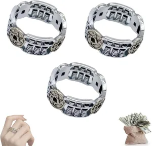 Vintage Chinese Style Emperor Coin Abacus Ring, Feng Shui Coins Rings for Lucky Wealth Money Health, Adjustable Simple Fashion Vintage Coin Ring Accessories (3pc)