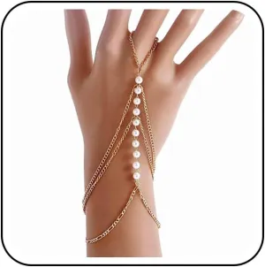 Vintage Layered Pearl Finger Ring Bracelet Gold Pearl Slave Bracelet Multi Tassel Chain Bracelet Wedding Pearl Bracelets Jewelry for Women