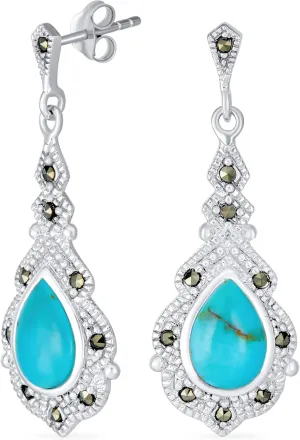 Vintage Western Style Marcasite Accent Teardrop Gemstone Blue Turquoise Dangle Chandelier Earrings For Women .925 Sterling Silver December Birthstone
