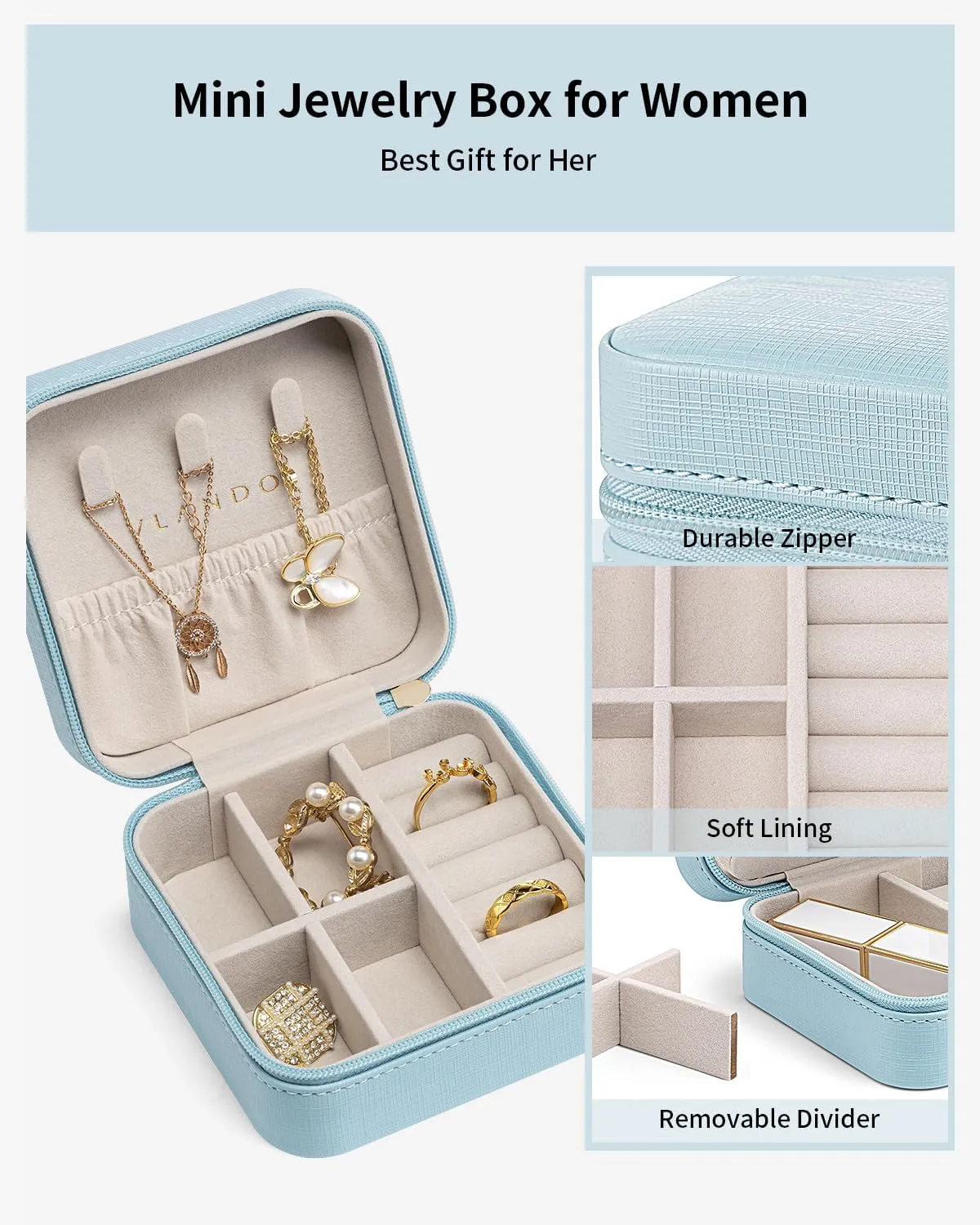 Vlando Travel Jewelry Box - Teacher Appreciation Graduation Gifts - Small Jewelry Travel Organizer Case for Girls Women - Blue
