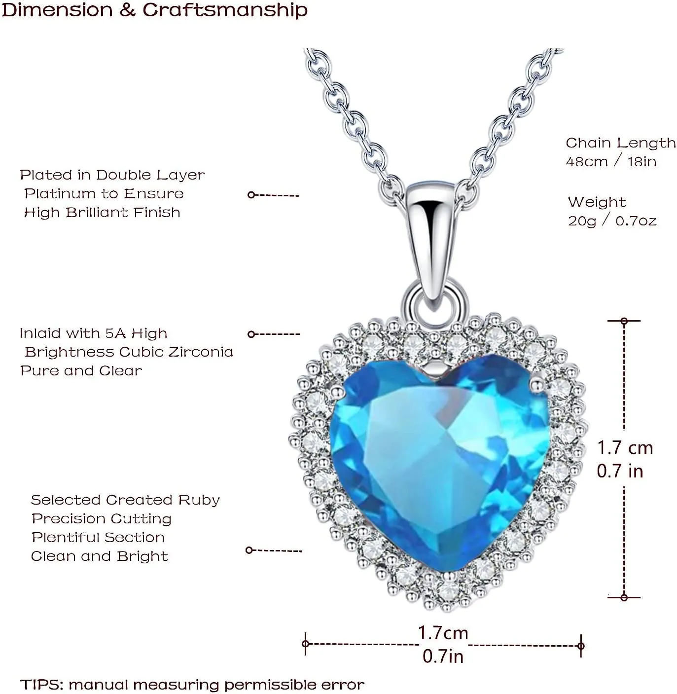 VONSSY Classic Heart Pendant Gemstone Necklace | Crystal Cubic Zirconia Birthstone Ruby Emerald Sapphire Necklace| 18K Platinum Gold Plated Chain | Vintage Meaningful Jewelry Gift for Mother Wife