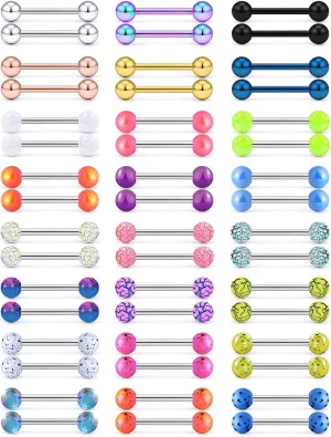 Vsnnsns 24 Pairs 14G Tongue Rings Nipple Piercing Jewelry Surgical Steel Straight Barbell Tongue Rings Glow in Dark Nipple Piercing Jewelry for Women Men 14 Gauge 14MM 16MM