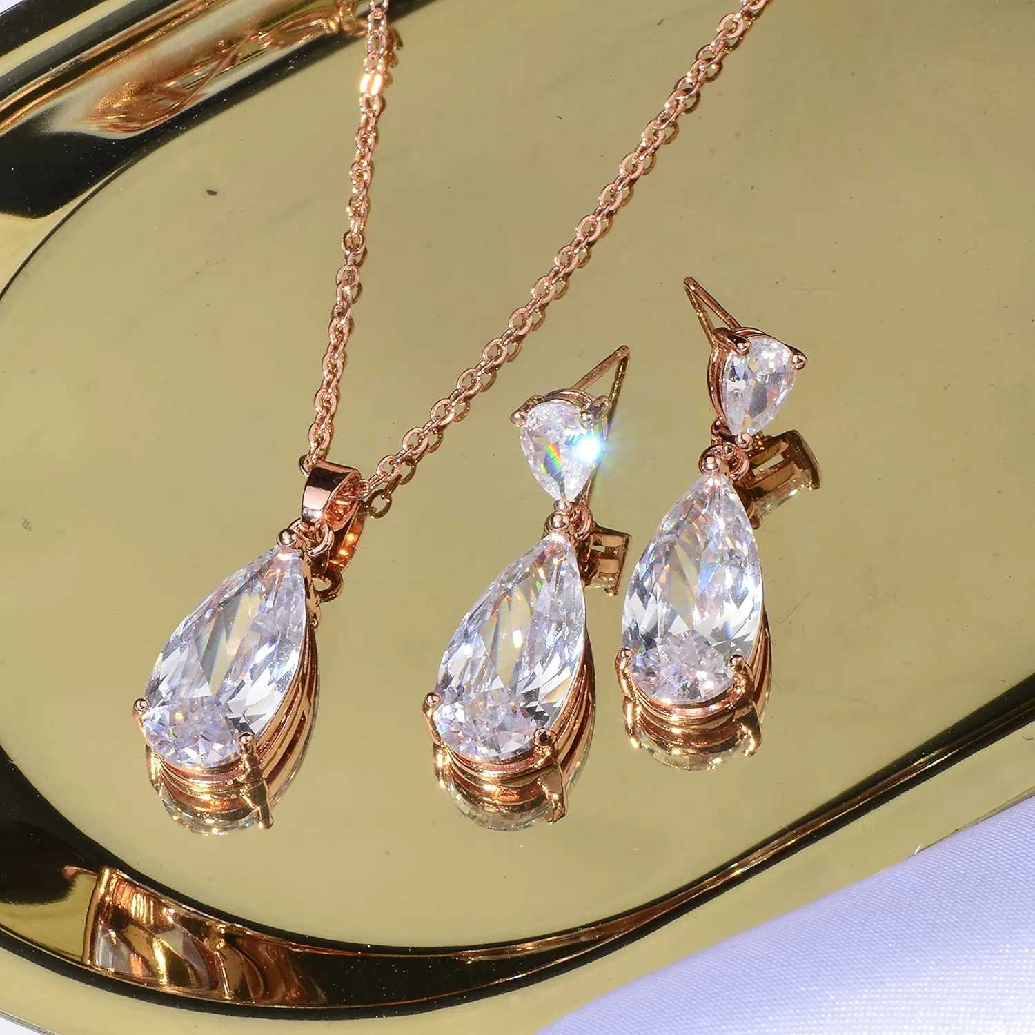 Wedding Jewelry Set for Bridesmaids - Sterling Silver Teardrop CZ Crystal Cubic Zirconia Rhinestone Diamond Bridal Necklace Earrings Set for Bride Mother of Bride Party Prom Birthstone Costume Jewelry