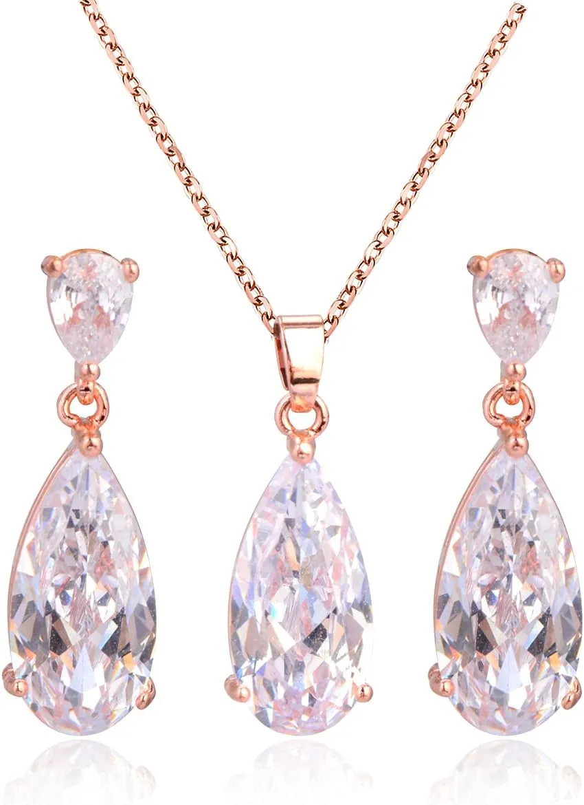Wedding Jewelry Set for Bridesmaids - Sterling Silver Teardrop CZ Crystal Cubic Zirconia Rhinestone Diamond Bridal Necklace Earrings Set for Bride Mother of Bride Party Prom Birthstone Costume Jewelry