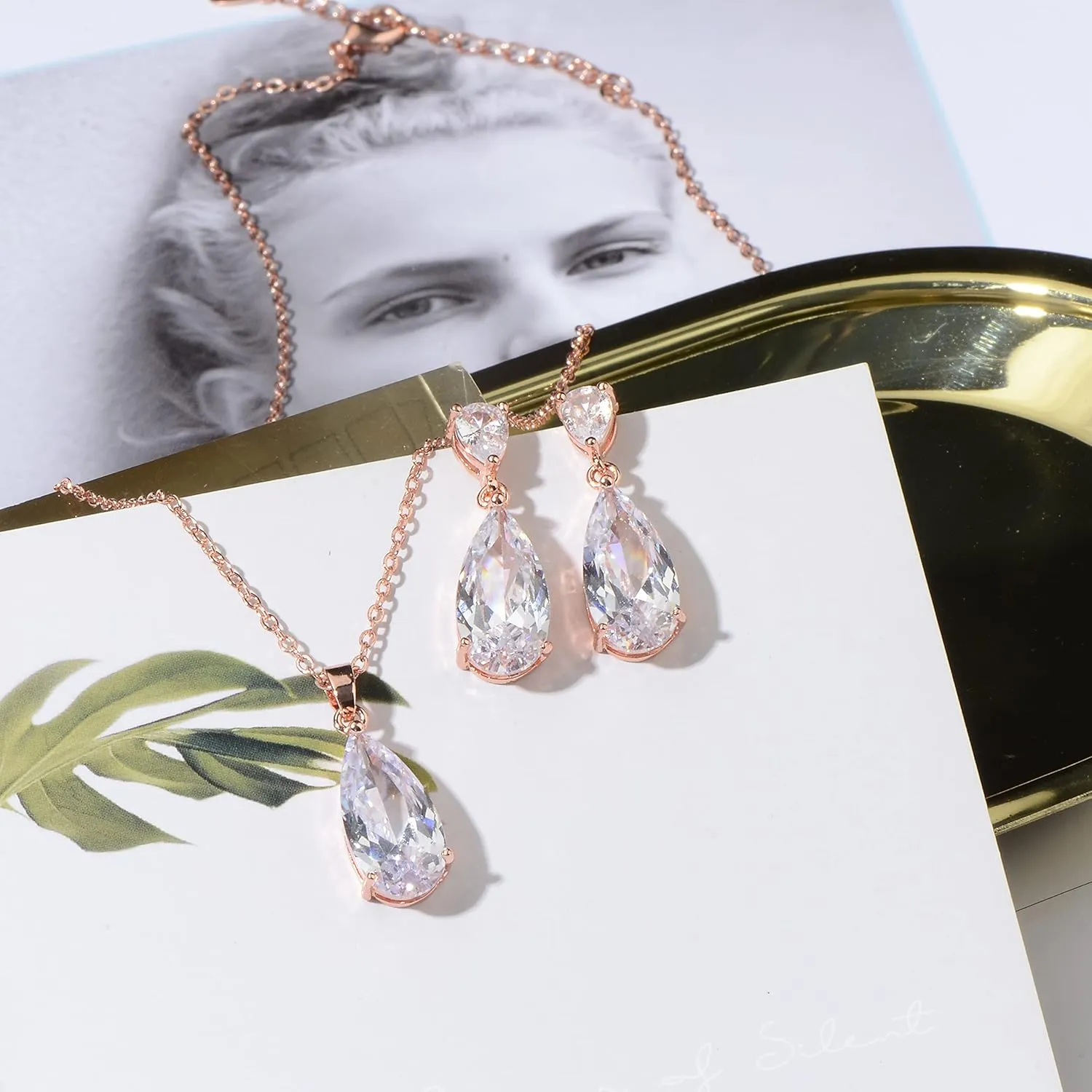 Wedding Jewelry Set for Bridesmaids - Sterling Silver Teardrop CZ Crystal Cubic Zirconia Rhinestone Diamond Bridal Necklace Earrings Set for Bride Mother of Bride Party Prom Birthstone Costume Jewelry