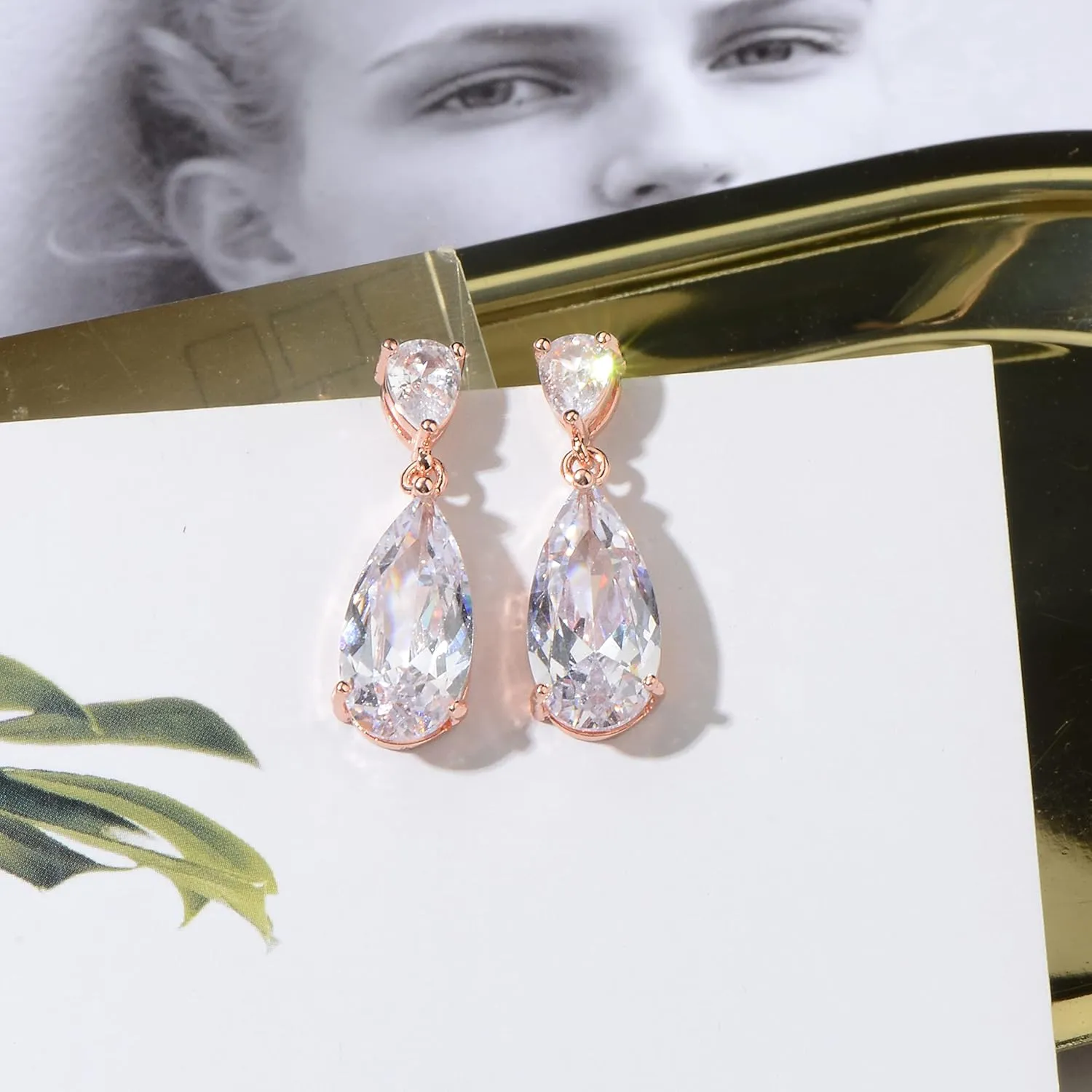 Wedding Jewelry Set for Bridesmaids - Sterling Silver Teardrop CZ Crystal Cubic Zirconia Rhinestone Diamond Bridal Necklace Earrings Set for Bride Mother of Bride Party Prom Birthstone Costume Jewelry