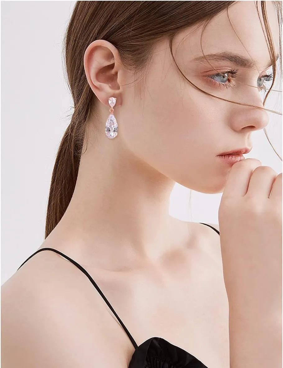 Wedding Jewelry Set for Bridesmaids - Sterling Silver Teardrop CZ Crystal Cubic Zirconia Rhinestone Diamond Bridal Necklace Earrings Set for Bride Mother of Bride Party Prom Birthstone Costume Jewelry