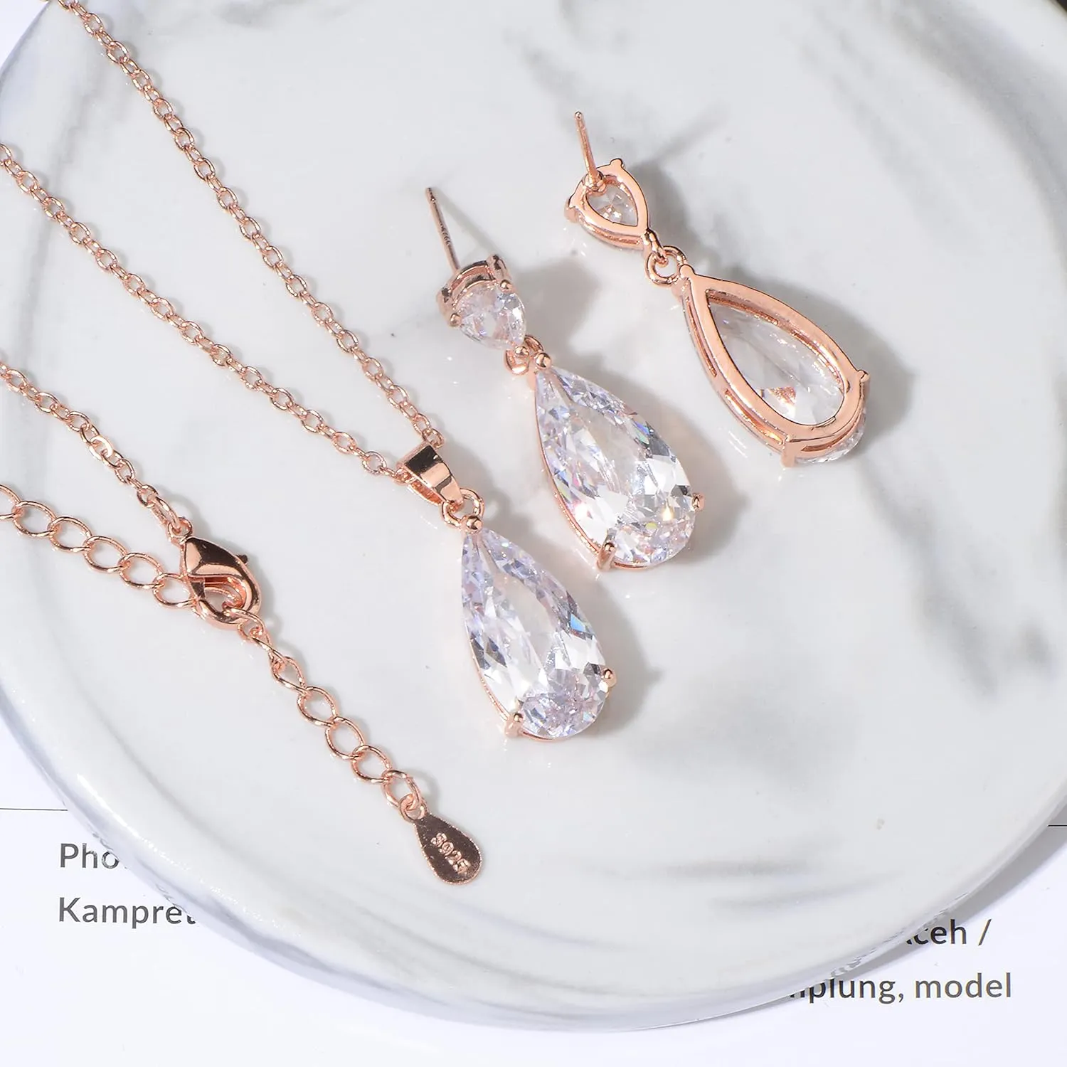 Wedding Jewelry Set for Bridesmaids - Sterling Silver Teardrop CZ Crystal Cubic Zirconia Rhinestone Diamond Bridal Necklace Earrings Set for Bride Mother of Bride Party Prom Birthstone Costume Jewelry