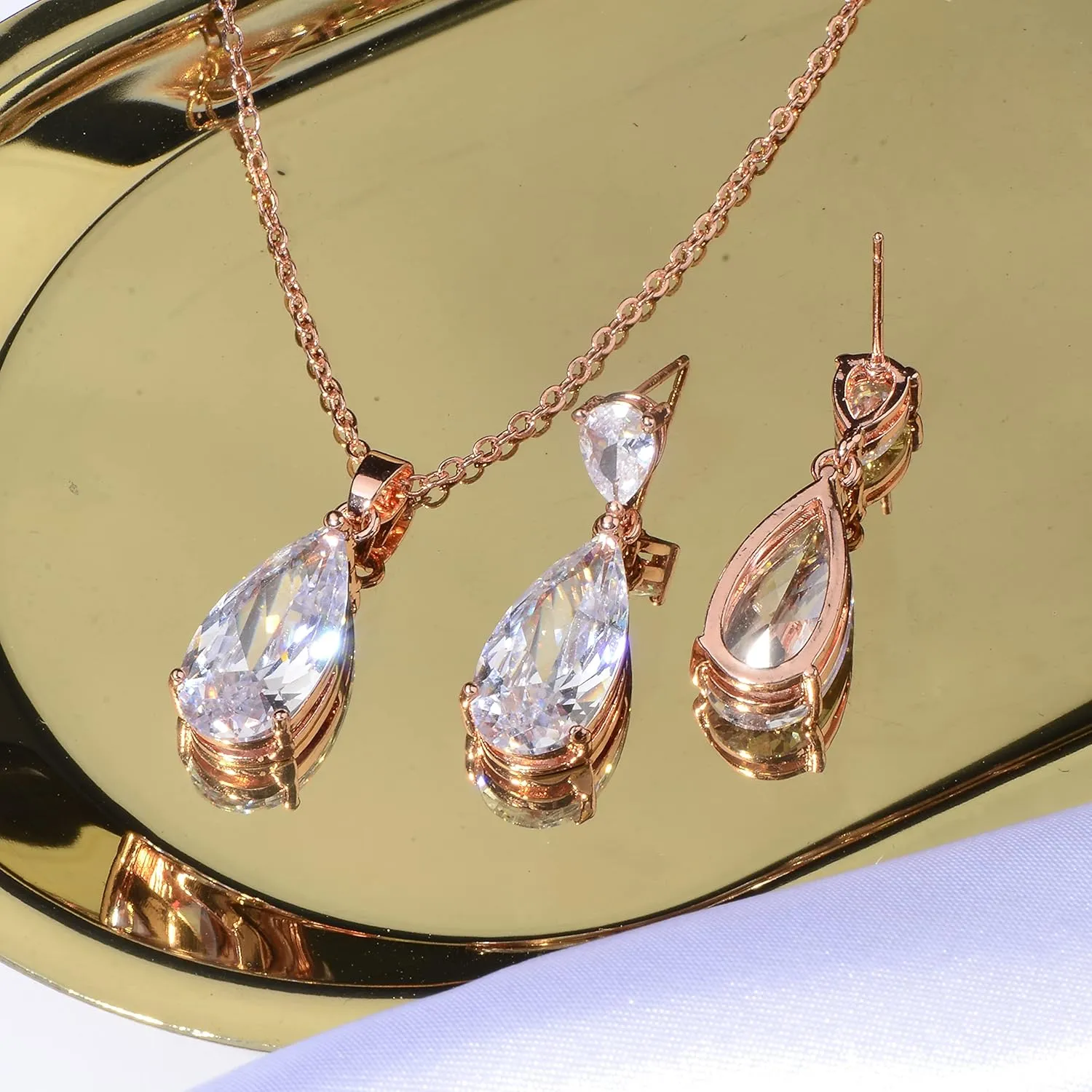 Wedding Jewelry Set for Bridesmaids - Sterling Silver Teardrop CZ Crystal Cubic Zirconia Rhinestone Diamond Bridal Necklace Earrings Set for Bride Mother of Bride Party Prom Birthstone Costume Jewelry