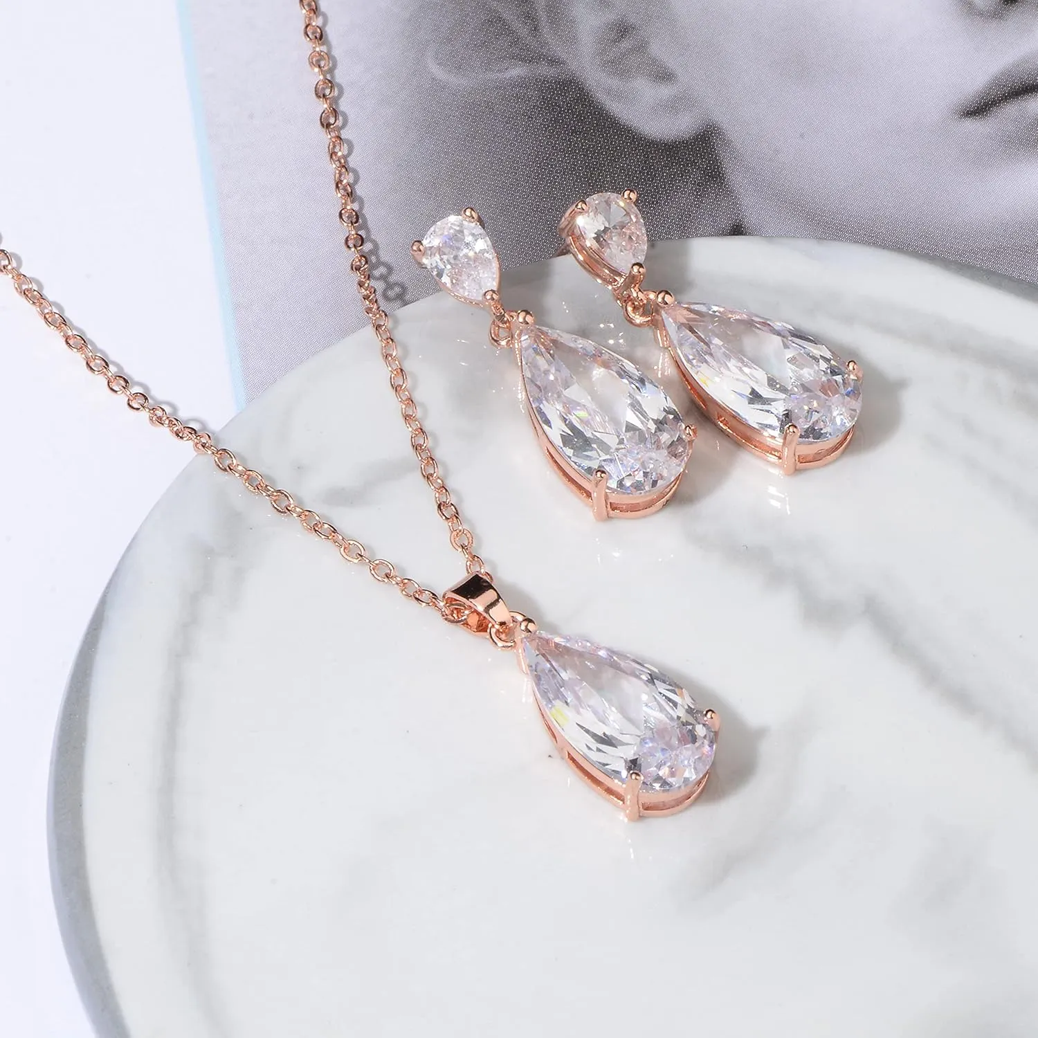 Wedding Jewelry Set for Bridesmaids - Sterling Silver Teardrop CZ Crystal Cubic Zirconia Rhinestone Diamond Bridal Necklace Earrings Set for Bride Mother of Bride Party Prom Birthstone Costume Jewelry