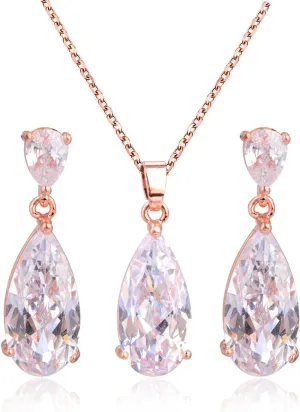 Wedding Jewelry Set for Bridesmaids - Sterling Silver Teardrop CZ Crystal Cubic Zirconia Rhinestone Diamond Bridal Necklace Earrings Set for Bride Mother of Bride Party Prom Birthstone Costume Jewelry
