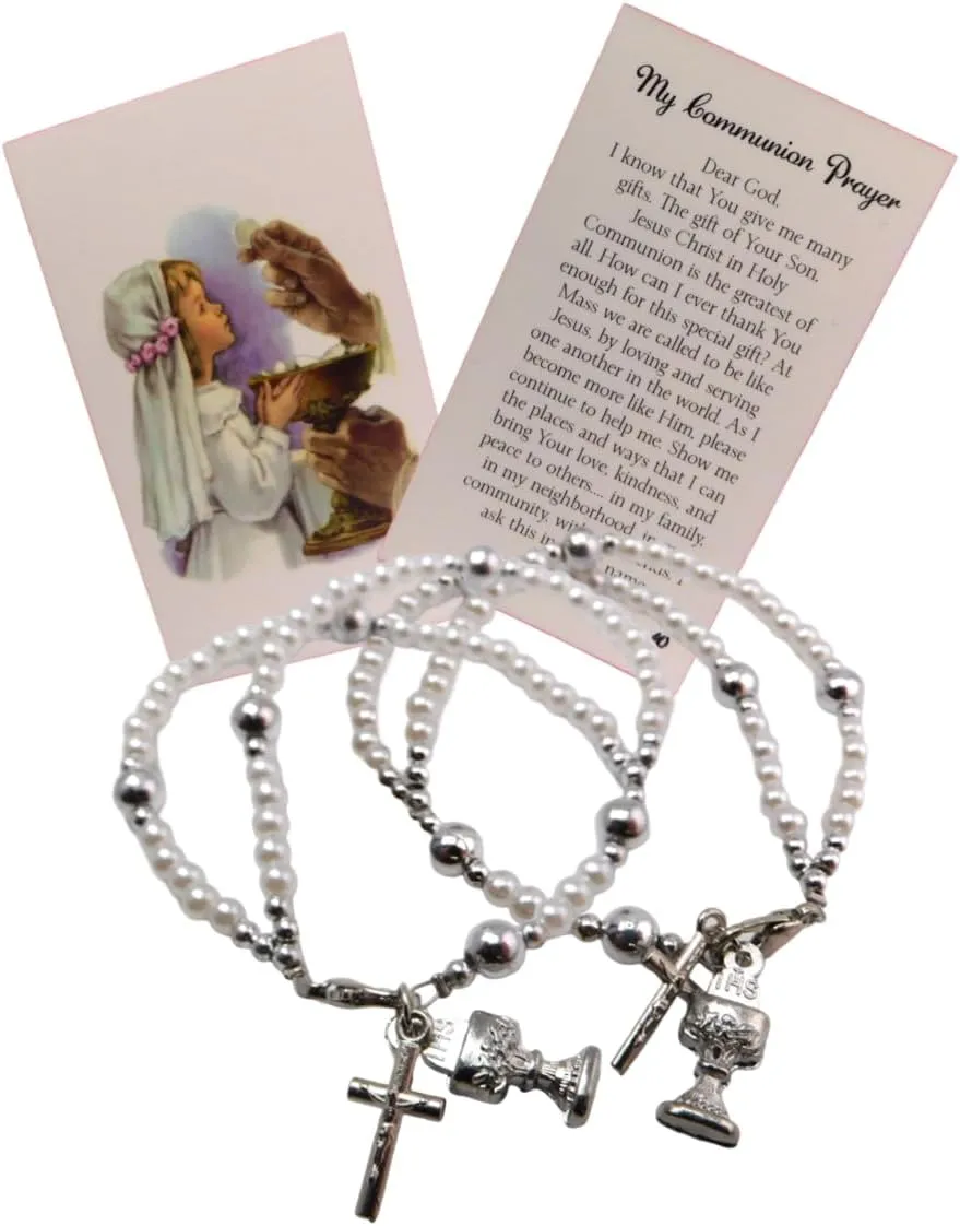 Westmon Works First Communion Bracelet Bulk Pack School Classroom Bundle with Holy Prayer Cards, Set of 12