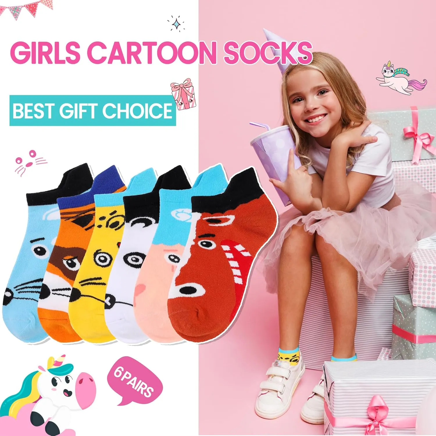 WEVIAS Kids Girls Socks Unicorn Ankle Funny Cartoon Low Cut Cotton Cute Novelty Fashion Toddler No Show Silly Socks 6 Pairs