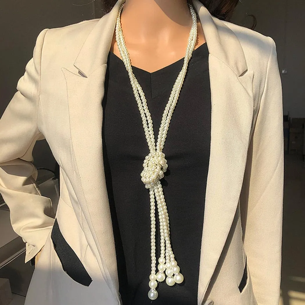 White Pearls Necklace Handmade Neck Tie Weaving Necktie Ladies Shirt Scarf Hollow Beaded Collar Accessory Trendy Jewelry