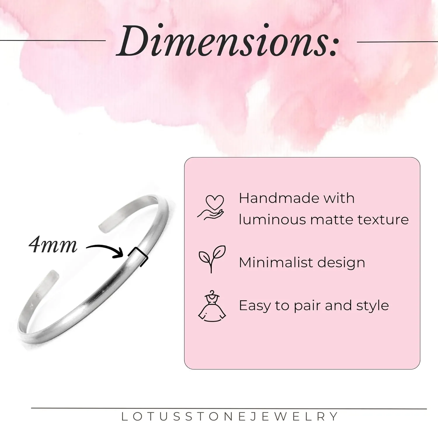 Wide Matte Cuff Bracelet; Elegant Solid Sterling Silver Bangle with Brushed Satin Texture; Women's Stacking Cuff by Lotus Stone Jewelry (Small, Sterling Silver)