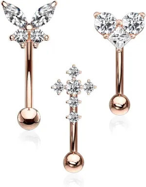 WILDKLASS 3 Pcs 316L Surgical Steel Curved Barbells/Eyebrow Rings Gem Box Package