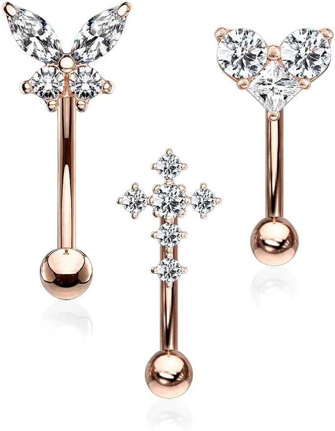 WILDKLASS 3 Pcs 316L Surgical Steel Curved Barbells/Eyebrow Rings Gem Box Package