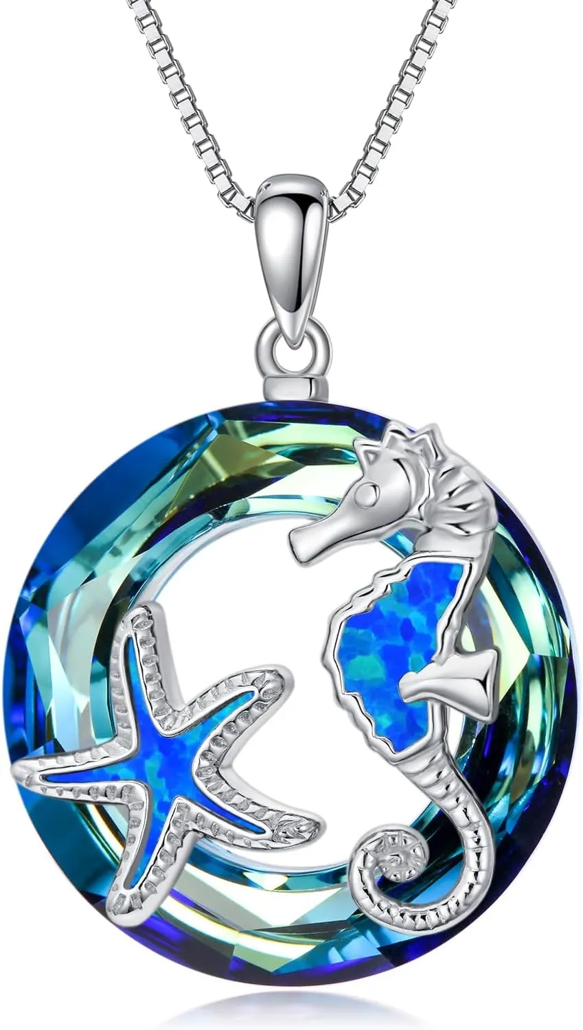 WINNICACA Ocean Crystal Necklace 925 Sterling Silver Seahorse Starfish/Dolphin Pendant Jewelry Christmas Birthday Gifts for Women Friends