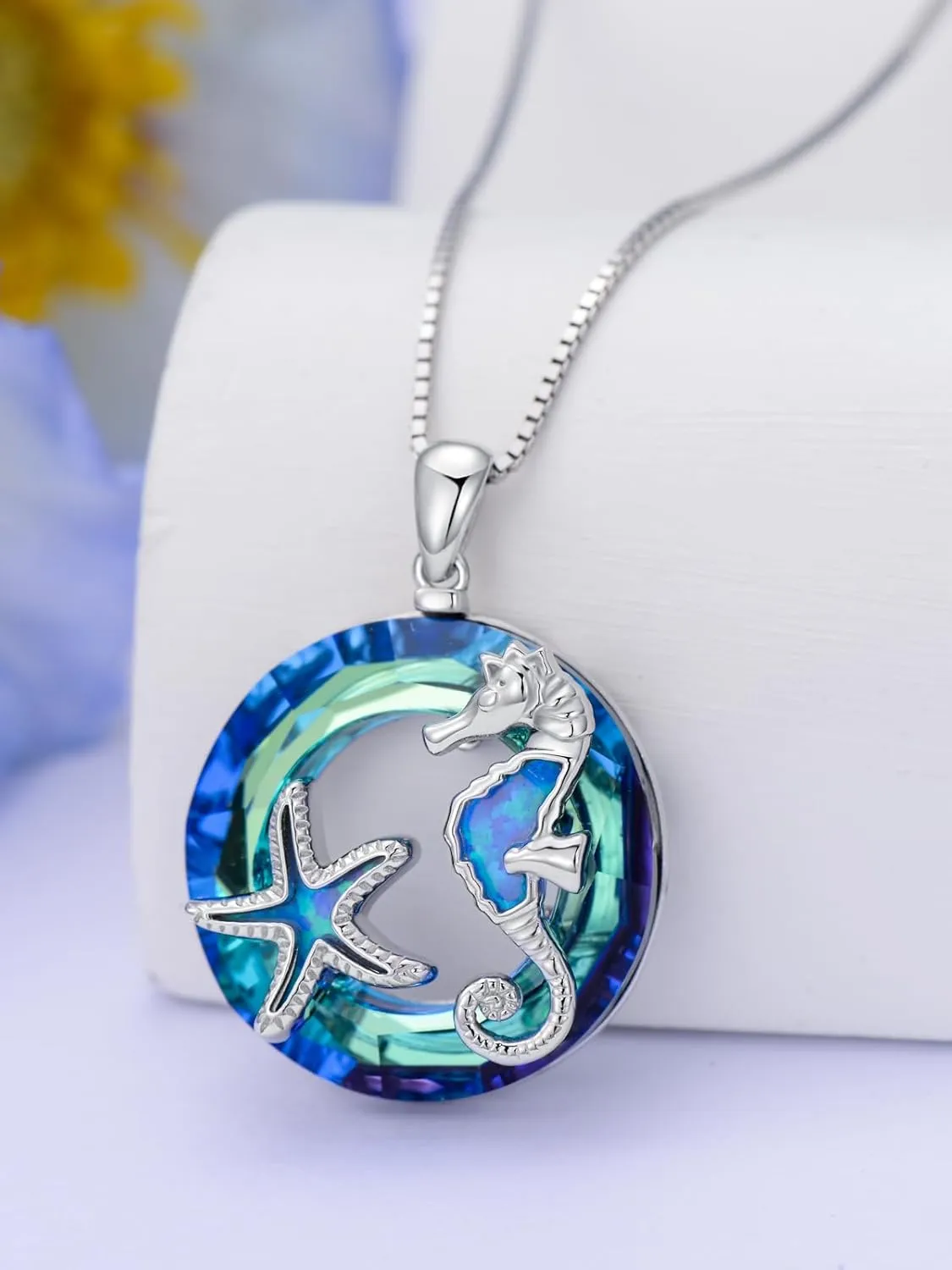 WINNICACA Ocean Crystal Necklace 925 Sterling Silver Seahorse Starfish/Dolphin Pendant Jewelry Christmas Birthday Gifts for Women Friends