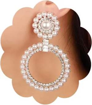 Wiwpar Large Circle Round Pearl Dangle Earrings Crystal Rhinestone Round Stud Earrings Long Drop Statement Pearl Earrings Jewelry Birthday Gift for Women(Silver)