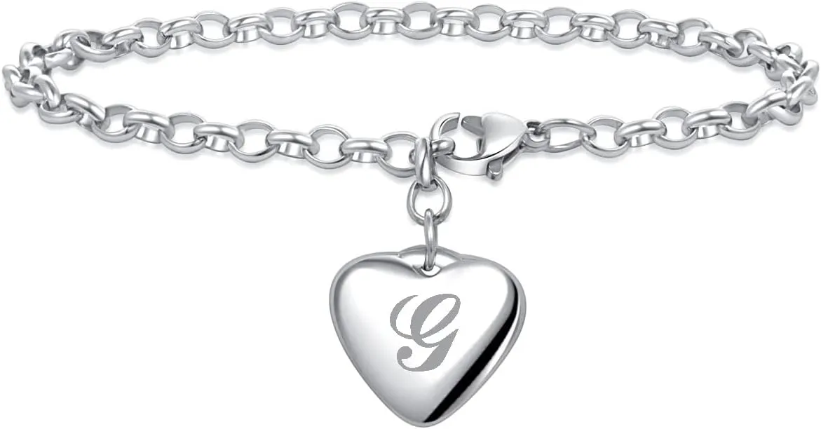 Women A to Z Initial Letter Charm Bracelets Stainless Steel Alphabet Heart 26 Letters Link Bracelet for Mens Birthday Gifts