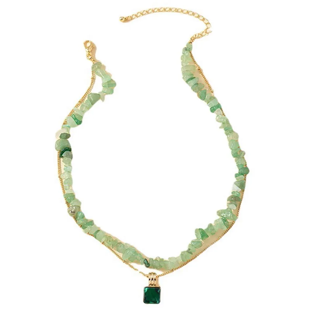Women Aventurine Jade Choker Double Layer Pendant Necklace Natural Gemstone 14k Handmade Jewelry Birthday Gift for Her 18inch Valentine Gift for Her