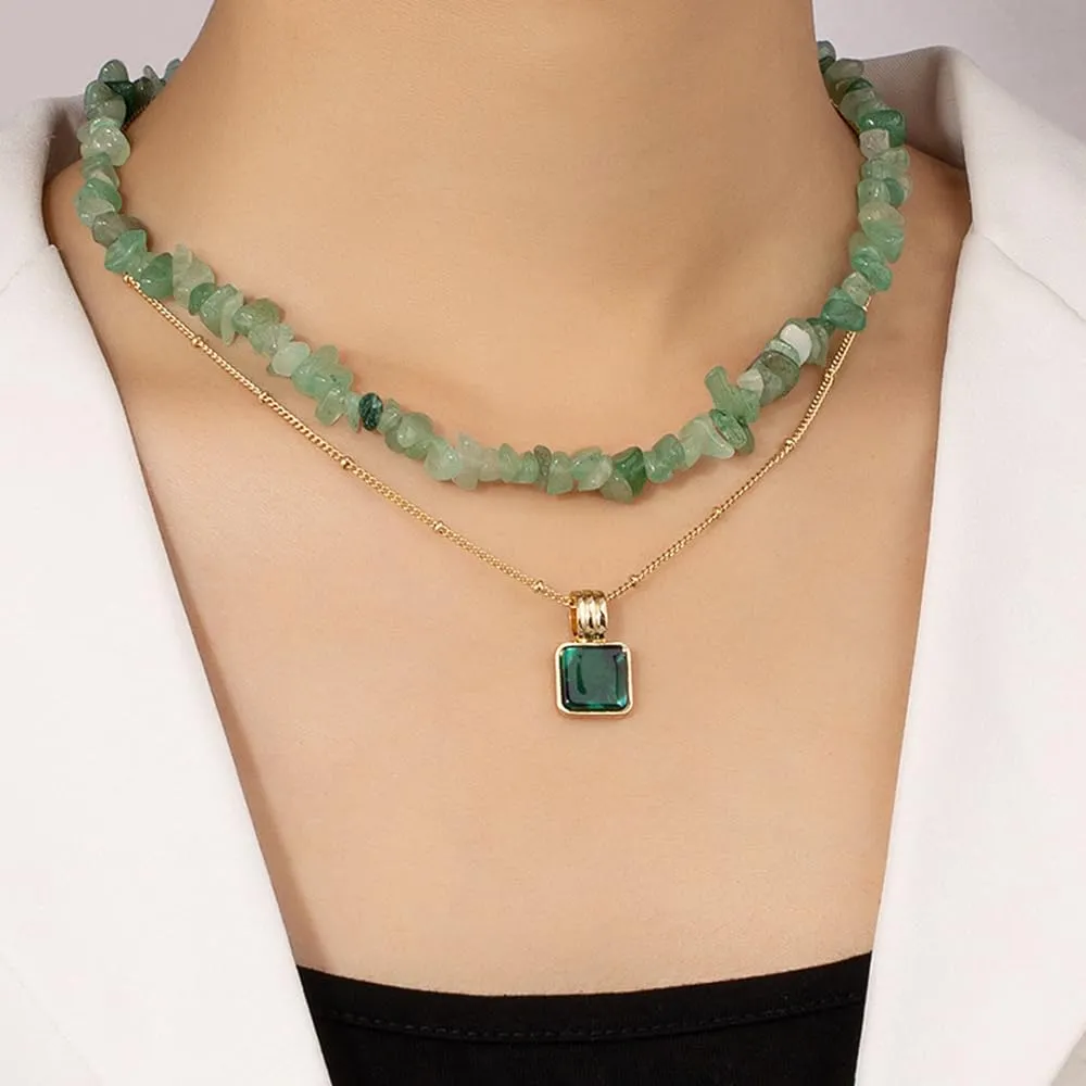 Women Aventurine Jade Choker Double Layer Pendant Necklace Natural Gemstone 14k Handmade Jewelry Birthday Gift for Her 18inch Valentine Gift for Her