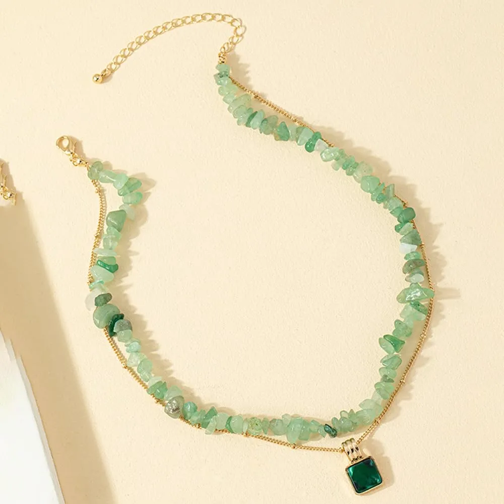 Women Aventurine Jade Choker Double Layer Pendant Necklace Natural Gemstone 14k Handmade Jewelry Birthday Gift for Her 18inch Valentine Gift for Her