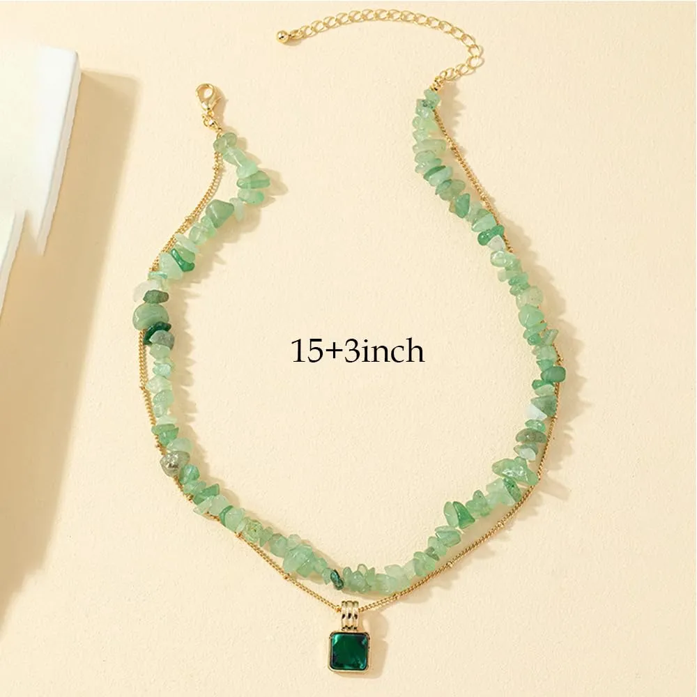 Women Aventurine Jade Choker Double Layer Pendant Necklace Natural Gemstone 14k Handmade Jewelry Birthday Gift for Her 18inch Valentine Gift for Her