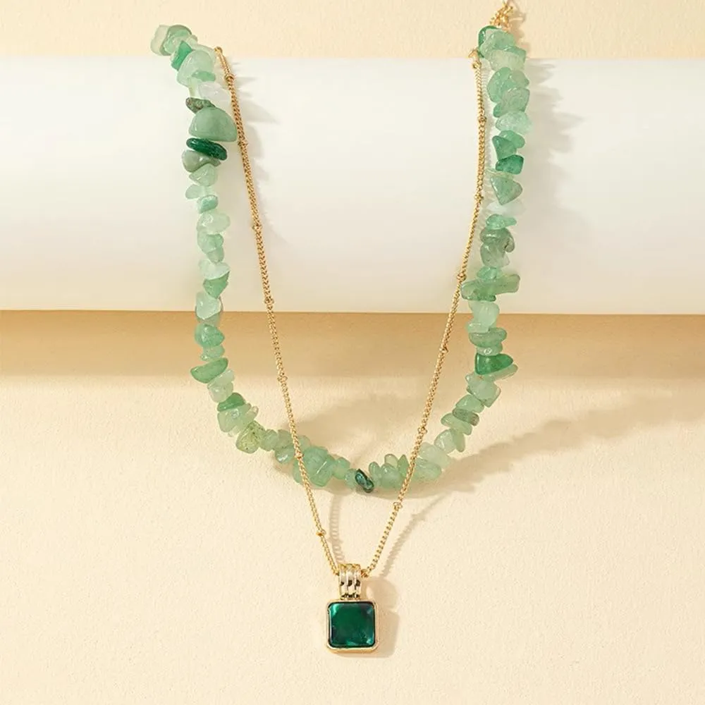 Women Aventurine Jade Choker Double Layer Pendant Necklace Natural Gemstone 14k Handmade Jewelry Birthday Gift for Her 18inch Valentine Gift for Her