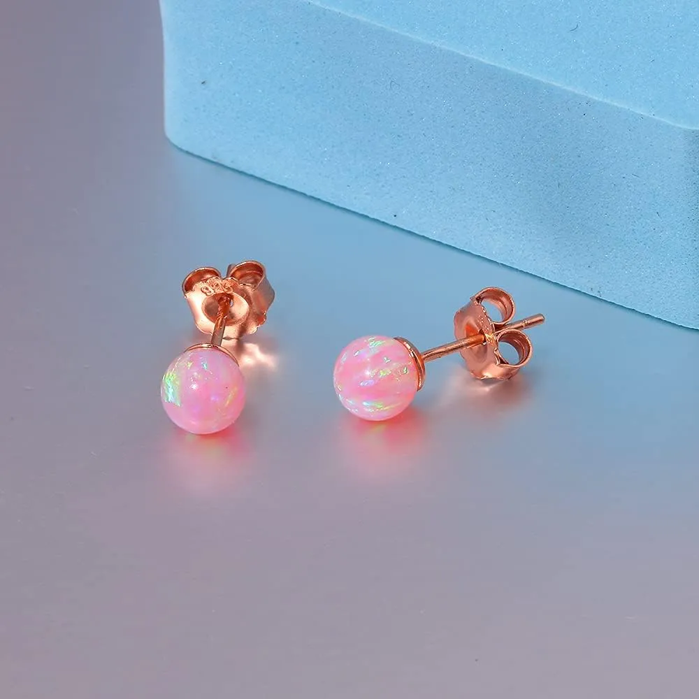 Womens 925 Sterling Silver Opal Ball Stud Earrings Hypoallergenic Jewelry for Girls 6mm