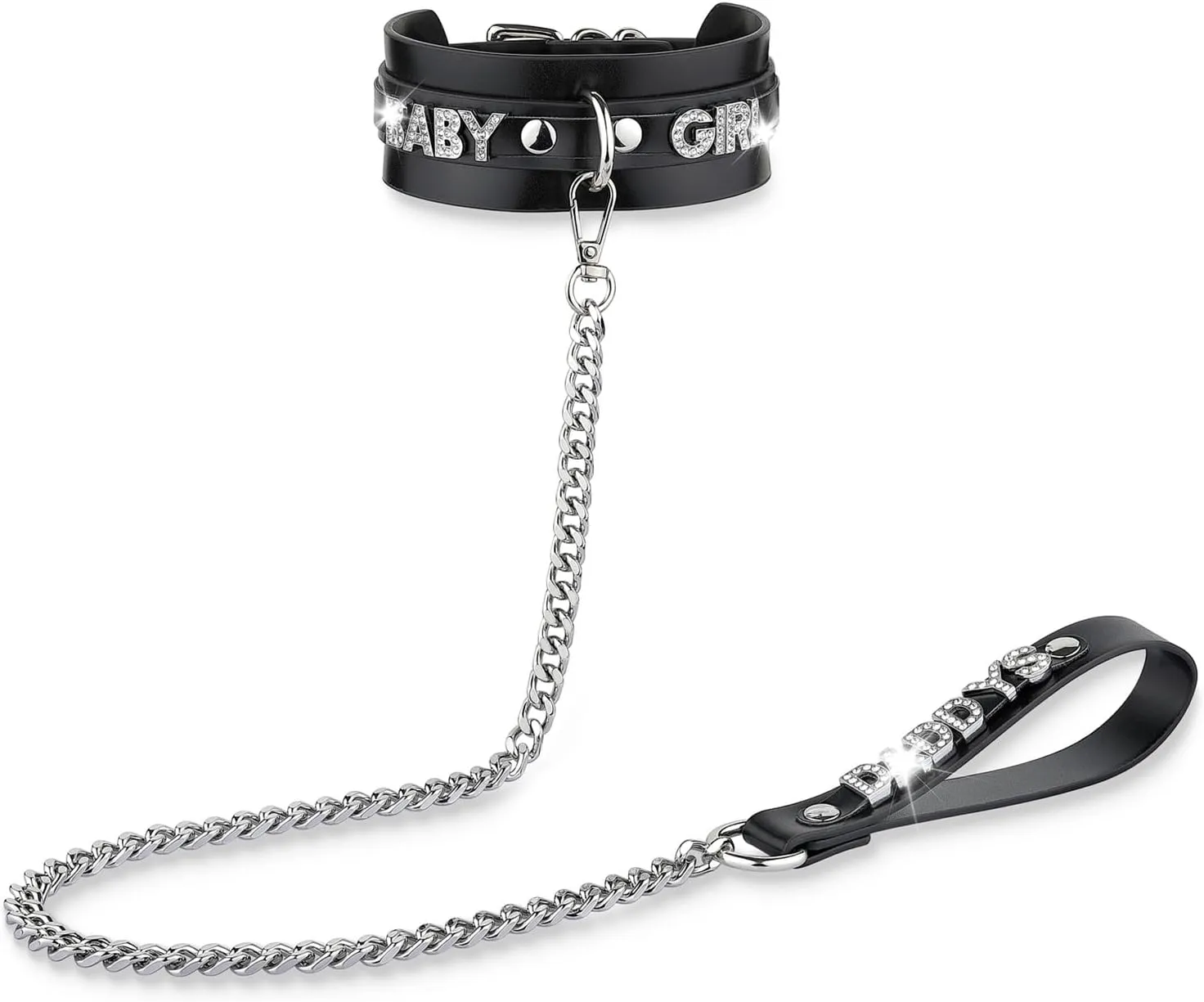 Women's Black Leather Choker Necklace with Rhinestone Letters, Adjustable Punk Gothic Custom Name D-ring Collar Jewelry For Women