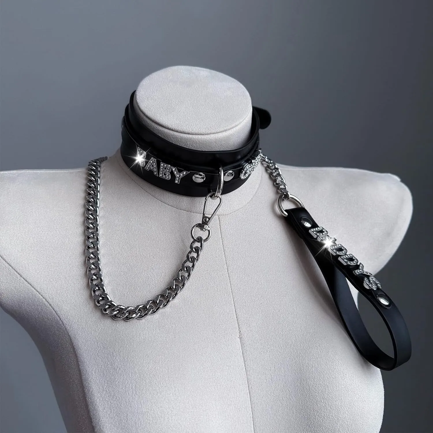 Women's Black Leather Choker Necklace with Rhinestone Letters, Adjustable Punk Gothic Custom Name D-ring Collar Jewelry For Women