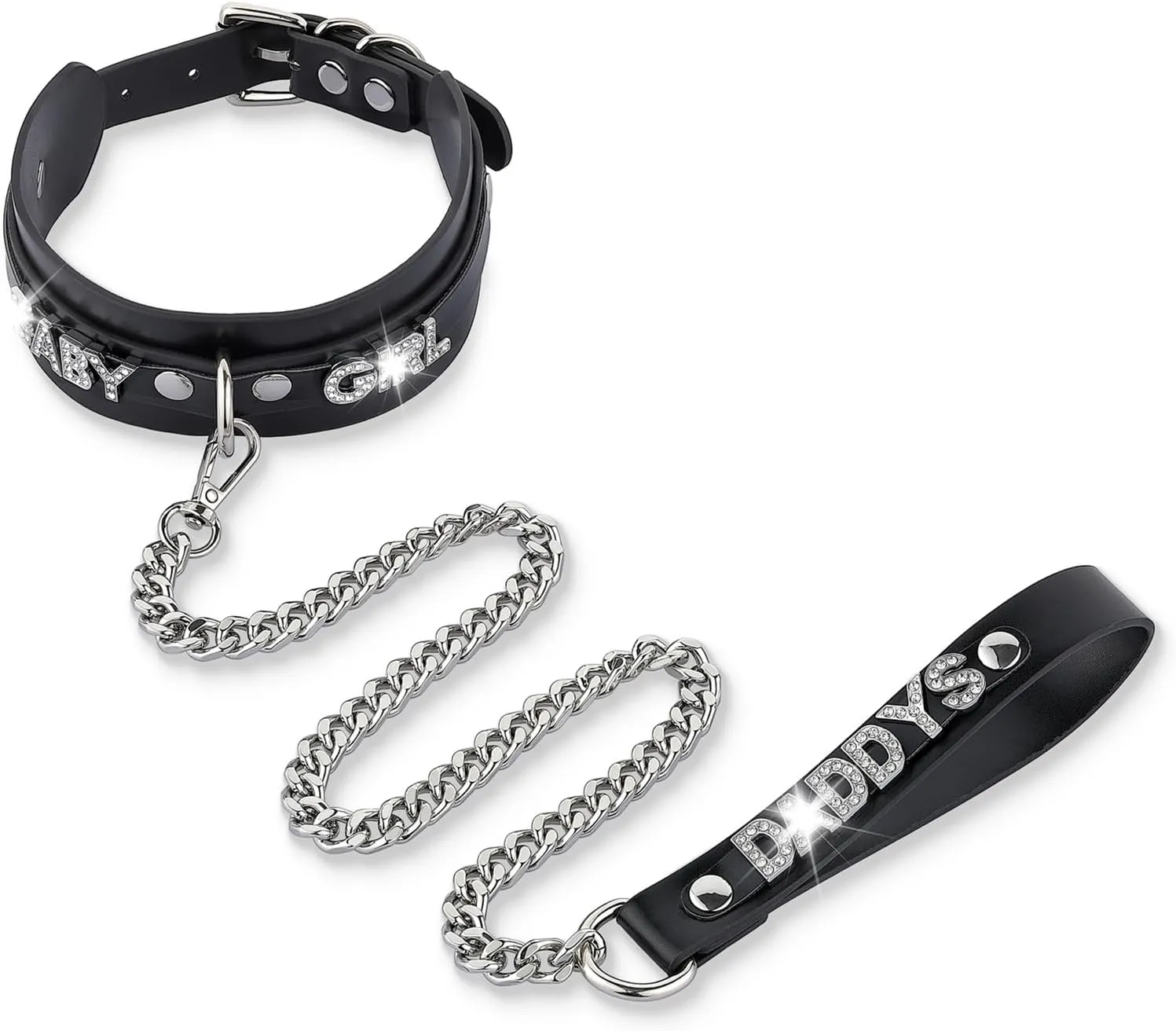 Women's Black Leather Choker Necklace with Rhinestone Letters, Adjustable Punk Gothic Custom Name D-ring Collar Jewelry For Women
