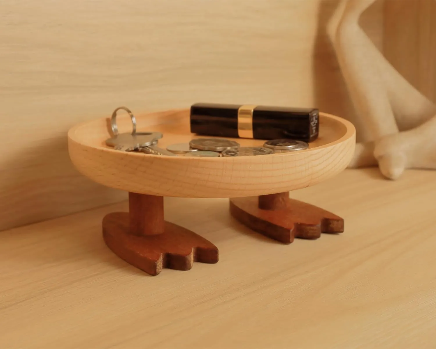 Wood Key Bowl for Entryway Table, Key Tray, Jewelry Tray, Valet Tray with 2 Cute Duck Feet, for Rings, Coins, Bracelets Watches