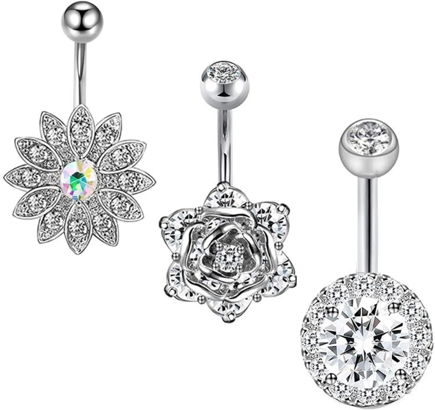 Wycian Navel Rings Rose Gold, Belly Button Ring Bride Cubic Zirconia Surgical Steel Flower 18G for Women Girls Body Piercing Jewelry