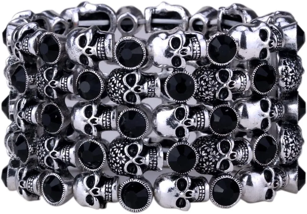 YACQ Women's Skull Stretch Cuff Bracelets - Elastic Band Fit Wrist 7 to 8 inch - Lead & Nickle Free - Women Biker Jewelry