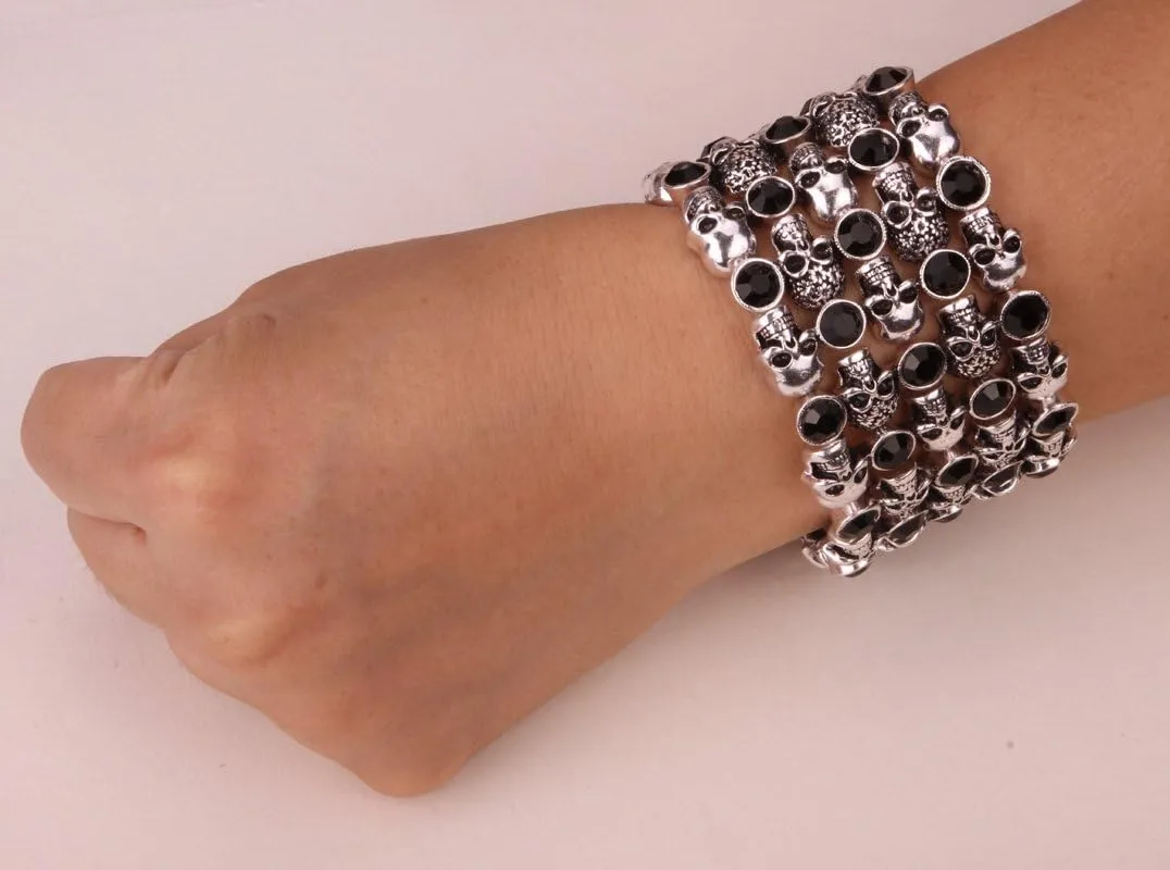 YACQ Women's Skull Stretch Cuff Bracelets - Elastic Band Fit Wrist 7 to 8 inch - Lead & Nickle Free - Women Biker Jewelry