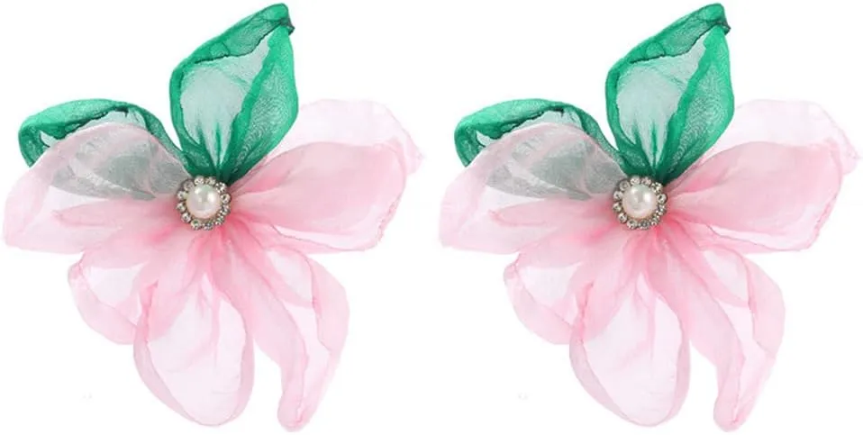 YAZILIND Lace Flower-shaped Earrings with Imitation Pearl for Women  Lightweight Statement Stud Earrings  Pink and Green Large Petal Earrings Jewelry(Color)