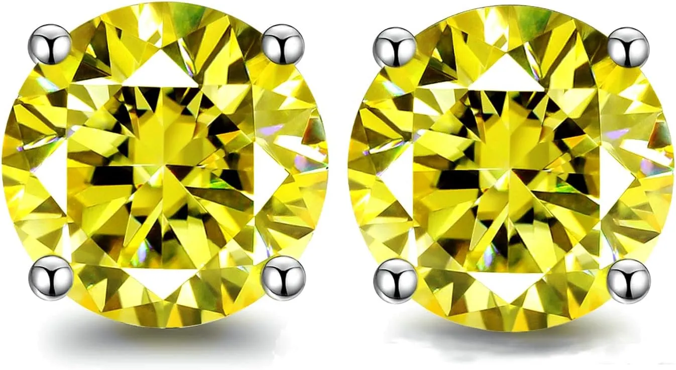 Yellow Moissanite Stud Earrings Total 2.0ct Laboratory Diamond 18K White Gold Plated S925 Silver Anniversary Jewelry for Women Men Gift