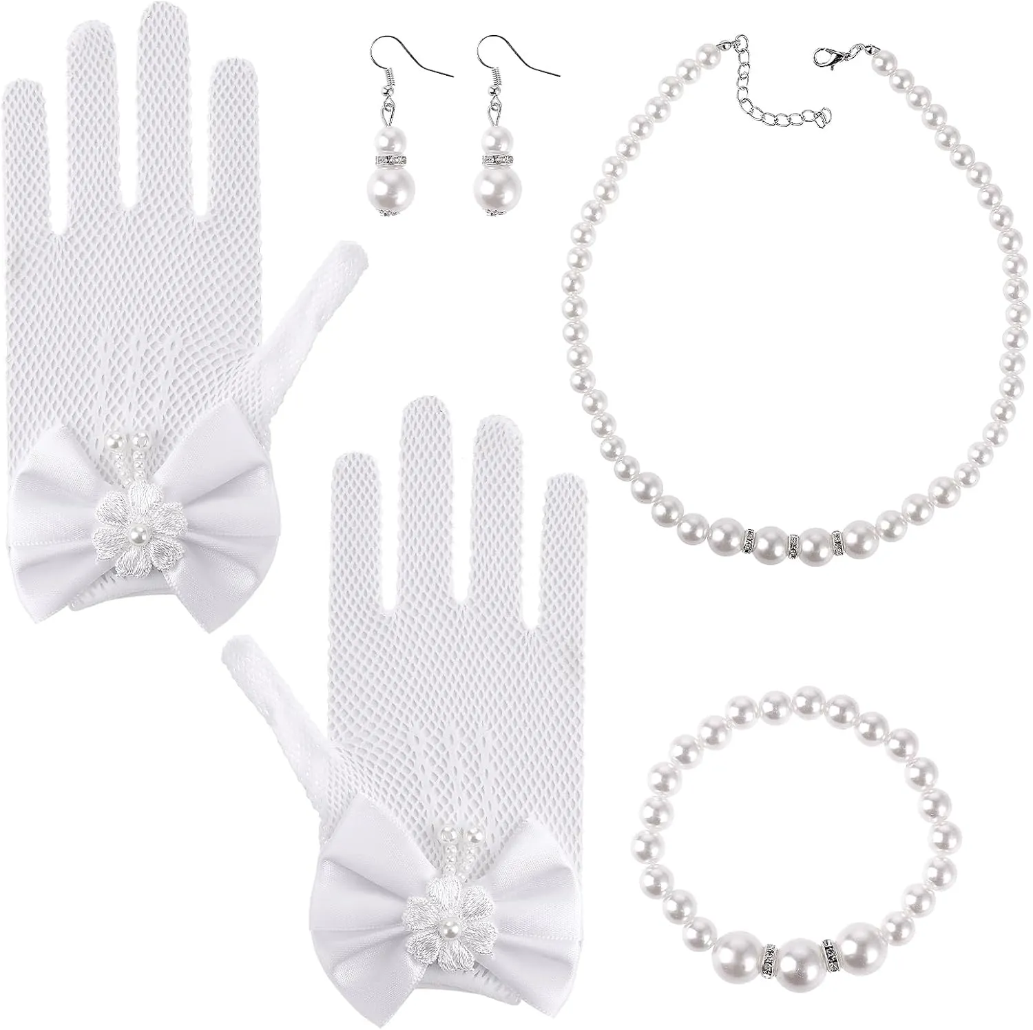 Yolev 4 Pcs Pearl Necklace Bracelet Earrings Jewelry Sets and White Lace Communion Glove Pageant Gloves for Wedding Pageant Halloween Cosplay (Suitable for ages 12 )